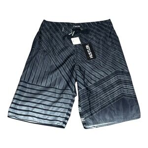 NEW Y2K Hustler Striped Board Shorts Black Grey‎ Geometric Swim Trunks Mens 30